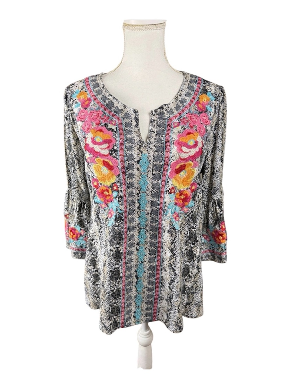 Savanna Jane Floral Embroidered Snake Print V-Neck Top 3/4 Bell Sleeves